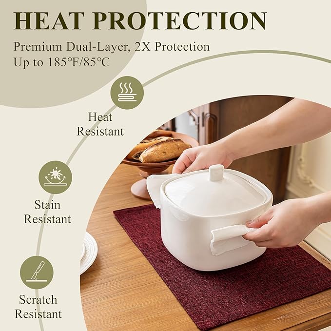KXN Christmas Placemats Set of 4, Dual-Layer Thickened Faux Linen Table Mats, Heat Resistant & Wrinkle-Free, Machine Washable Cloth Place Mats for Kitchen Dining Indoor Outdoor (Red)