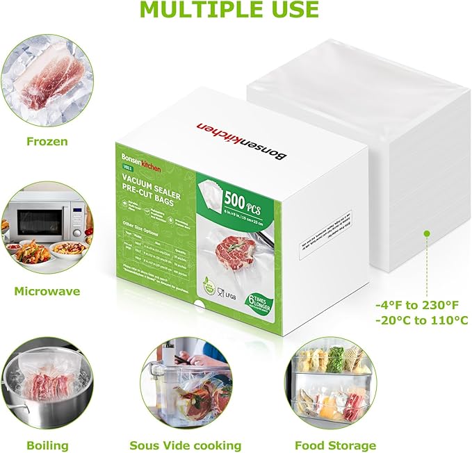 Bonsenkitchen Precut Vacuum Sealer Bags, 500 Pint 6" x 9" Food Sealer Bags,Commercial Grade, BPA Free, Heavy Duty, Customized Size Vacuum Bags for Vac Storage, Meal Prep or Sous Vide Cooking, VB11