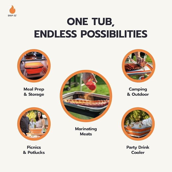 Drip EZ Collapsible BBQ Prep Tub - for Meal Prep Marinating Food Storage - Includes Cutting Board & Locking Lid - (1) XL - Black