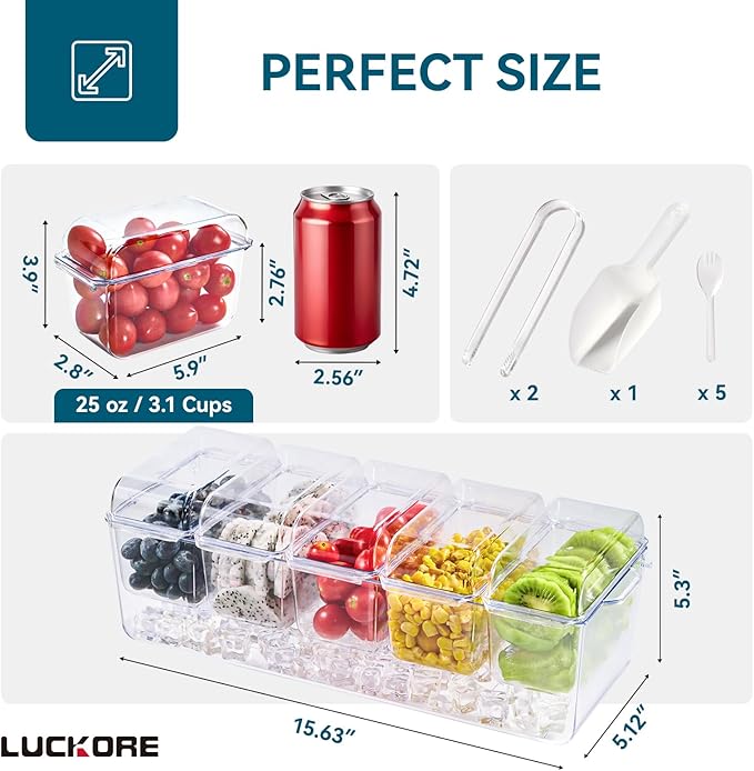 Chilled Condiment Tray Server with 5 Containers and Removable Compartments, Large Ice Chilled Condiment Organizer, Clear Garnish Serving Platter for Fruit, Salad, Food, Bar Accessories