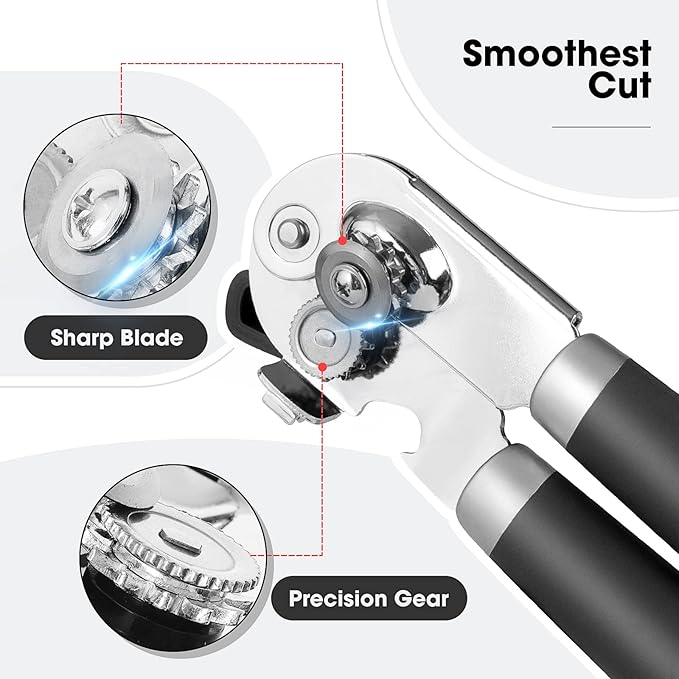 Beneno Heavy Duty Hand Can Opener Manual with Magnet, Durable Sharp Carbon Steel Blade Smooth Cutting, Big Effort-Saving Knob & Soft Grip Handle, Multifunctional Kitchen Tool with Bottle Opener, Black