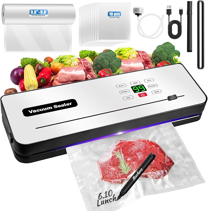 Cordless Vacuum Sealer Machine with UV-C Light, Digital Display & Built-in Cutter, Compact Rechargeable Food vacuum Sealer for Dry & Moist Foods, Includes 10 Pre-cut Bags & 1 Roll Bag (Sliver)