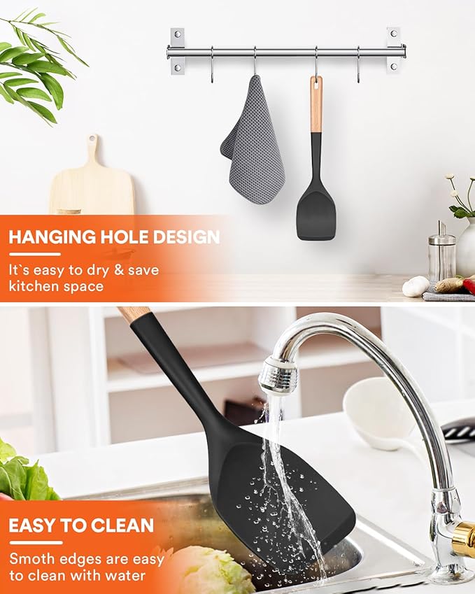 Nonstick Silicone Spatula, Non Scratch Flexible Edge for Pans, Slip Resistant comfortable Wooden Handle, Heat Resistant BPA-Free Kitchen Spatulas for Cooking, 13.2 Inch, BLACK