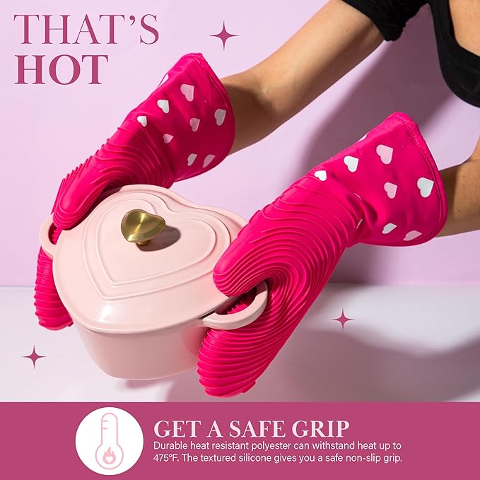 Paris Hilton Oven Mitt Set with Heart Design, Heat Resistant Pot Holders Featuring Non-Slip Textured Silicone Grips, 2-Piece Set, Pink