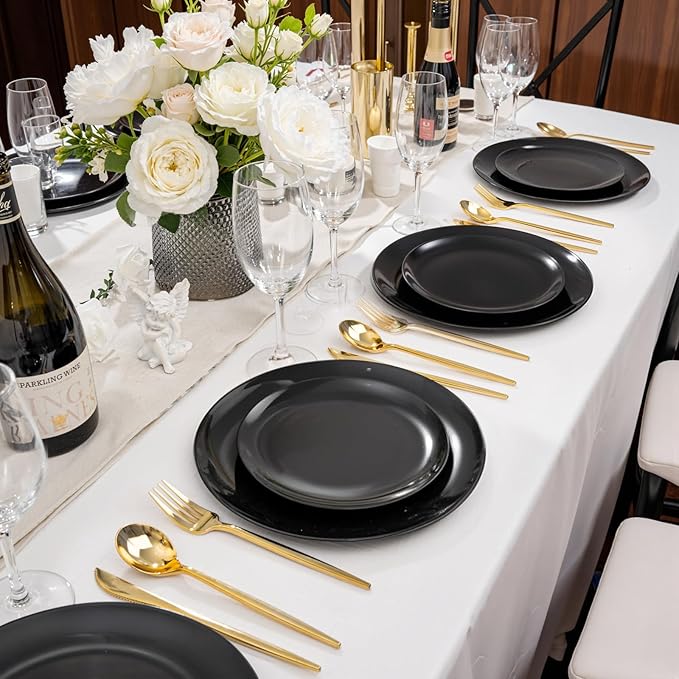 PULOTE 60 PCS Black Plastic Plates - Include 30 Dinner and 30 Dessert Plates, Black Disposable for Party,Birthday & New Year