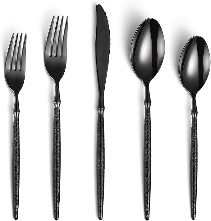 Lemeya 20-Piece Hammered Black Silverware Set,18/10 Stainless Steel Forging Heavy Duty Cutlery Set for 4, Luxury Unique Flatware Set,Spoons and Forks Set,Mirror Polished,Dishwasher Safe