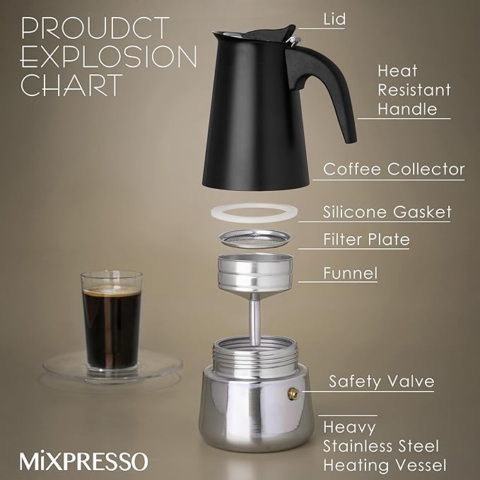 Mixpresso Black 6 Cup Greca Stovetop Espresso Pot 300ml/10oz, Moka Pot with Coffee Percolator Design, Stainless Steel Stove Top Coffee Maker for Camping or Home Use,Italian Stovetop Espresso Maker