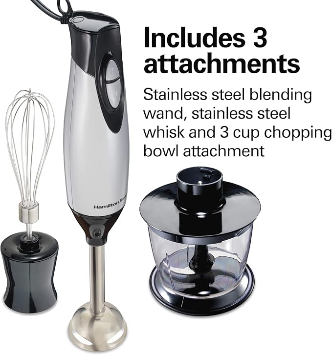 Hamilton Beach 4-in-1 Electric Immersion Hand Blender with Handheld Blending Stick, Whisk + 3-Cup Food & Vegetable Chopper Bowl, 2-Speeds, 225 Watts, Silver and Stainless Steel (59765)