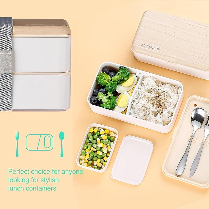 Original Bento Box Lunch Box Japanese Style 2 Layer Food Containers with Utensils Spoon and Fork Bundle Divider Salad Box for Men Women(White)