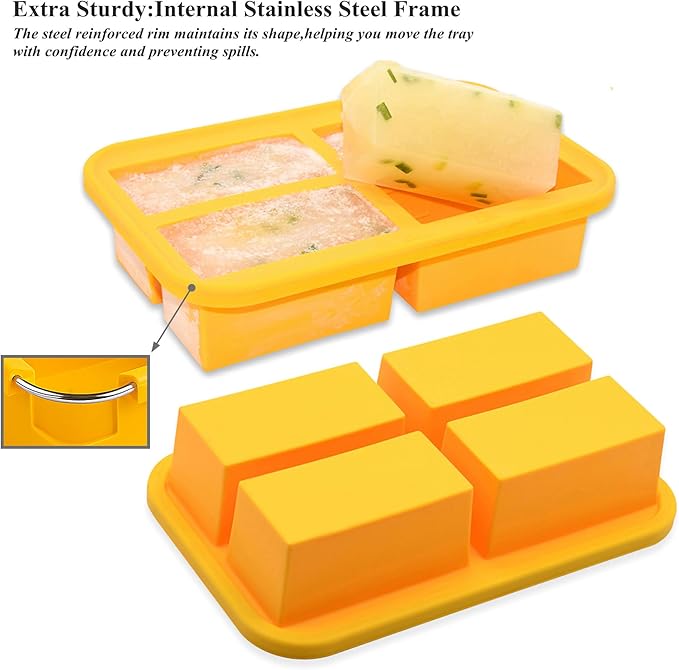 Bangp Silicone Freezer Tray for Soup Ice Cubes,1-Cup Freezing Tray with Lid for Meal Prep,Rice,Broth,Sauce,Leftovers. Makes 4 Perfect 1 Cup Portions. Oven & Dishwasher-Safe