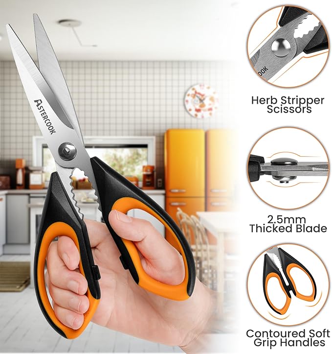 Astercook Heavy Duty Kitchen Shears with Serrated Blade, Ergonomic Handle - For Poultry, Herbs, Vegetables