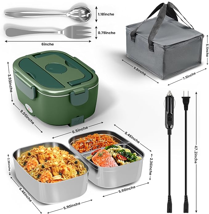 Heated Lunch Box for Men&Women - 80W Electric Lunch Box for Adults with Dual 1.5L 304 Stainless Steel Containers Fast Heating Portable Food Warmer for Car&Truck lonchera eléctrica portátil