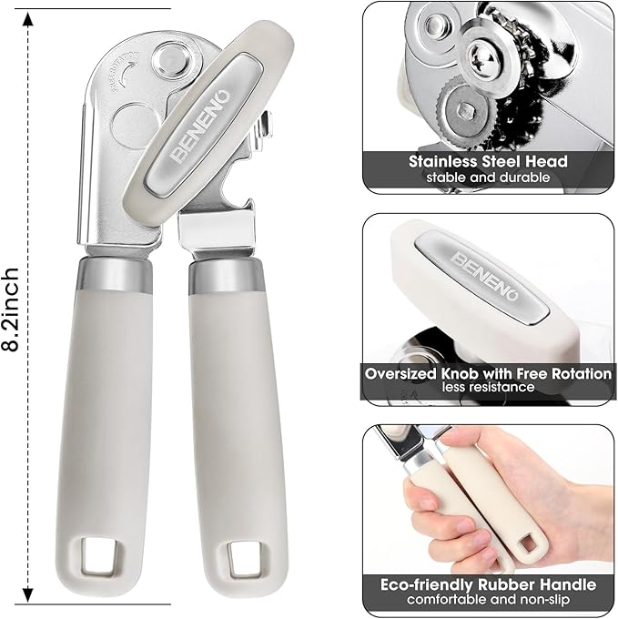 Beneno Heavy Duty Hand Can Opener Manual with Magnet, Durable Sharp Carbon Steel Blade Smooth Cutting, Big Effort-Saving Knob & Soft Grip Handle, Multifunctional Kitchen Tool with Bottle Opener, Beige
