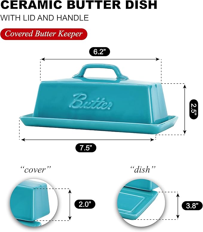Bruntmor Porcelain Butter Keeper With Handle Cover, French Butter Dish Ceramic Butter Holder Container for Countertop, Butter Dish with Lid, Teal