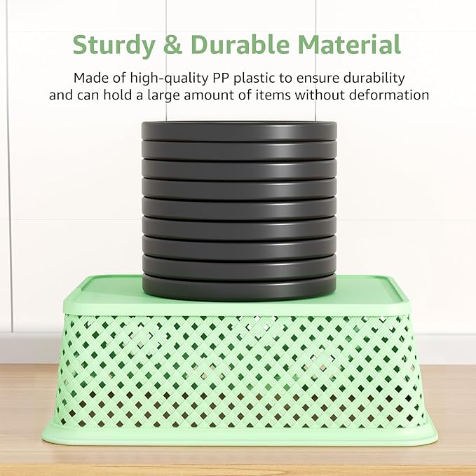 MaxGear Organization and Storage 3 Packs, Plastic Bins Organizer Bins, Woven Baskets for Storage, Plastic Baskets with Handles, Green Basket for Organizing, Basket Organizer for Home and Office, Large