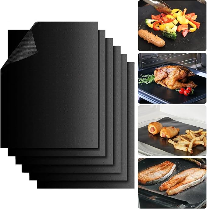 Reusable Grill Mats for Outdoor Grill Set of 6,Heavy Duty Non-Stick BBQ Mats & Oven Liner,Easy to Clean,Works on Gas, Charcoal & Electric Grills - 15.75 x 13 Inch,Black