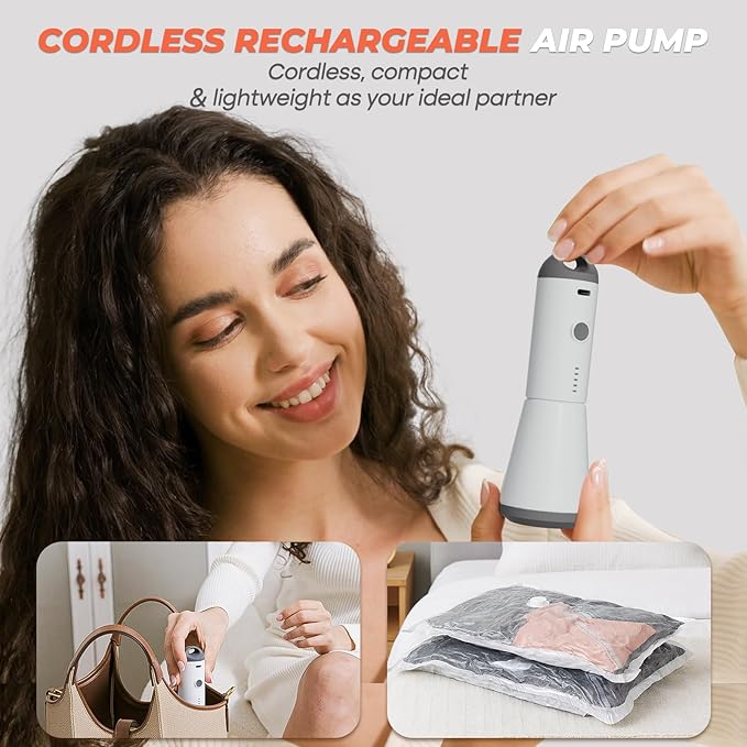 Vacuum Seal Bags for Clothing with Rechargeable Cordless Pump, 18 Pack Vacuum Storage Space Saver Bags, Compression Packing Seasonal Storage for Clothes Bedding Blanket Pillows Comforters