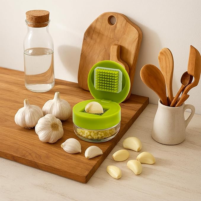 2 Pcs Garlic Press Stainless Steel,Mini Garlic Chopper,with Peeler，Cleaning Brush and Scrapers