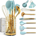 Teal Blue Kitchen Utensils Set with Holder – 17-Piece Nonstick Safe Cooking Utensils with Gold Utensil Holder – Stylish Teal Blue Kitchen Accessories for Cooking and Baking