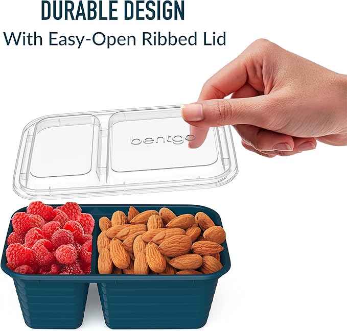 Bentgo Prep - 2-Compartment Snack Containers with Lids - Reusable, Microwaveable, Durable, PFAS & BPA-Free, Freezer and Dishwasher-Safe Meal Prep Food Storage - 10 Trays & 10 Lids (Deep Teal)