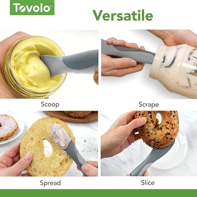 Tovolo Mini Scoop and Spread Tool for Kitchen Meal Prep Small Sandwich Spreader Spatula for Peanut Butter Jelly, Silicone BPA Free Dishwasher Safe Scooper Spreader, Oyster Gray and Cool Gray