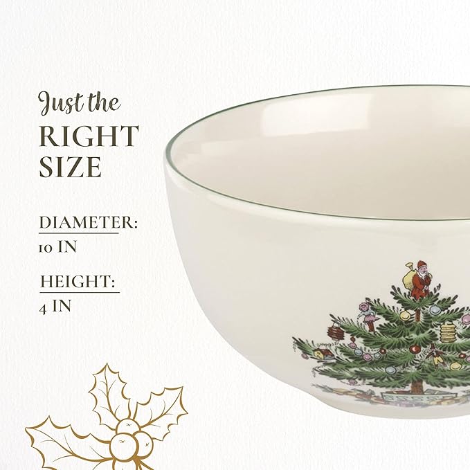 Spode Christmas Tree Large Round Bowl - 10-Inch Porcelain Serving Dish for Salad, Pasta & Side Dishes - Iconic Holiday Design with Green Trim, Dishwasher, Microwave Safe - Festive Gatherings