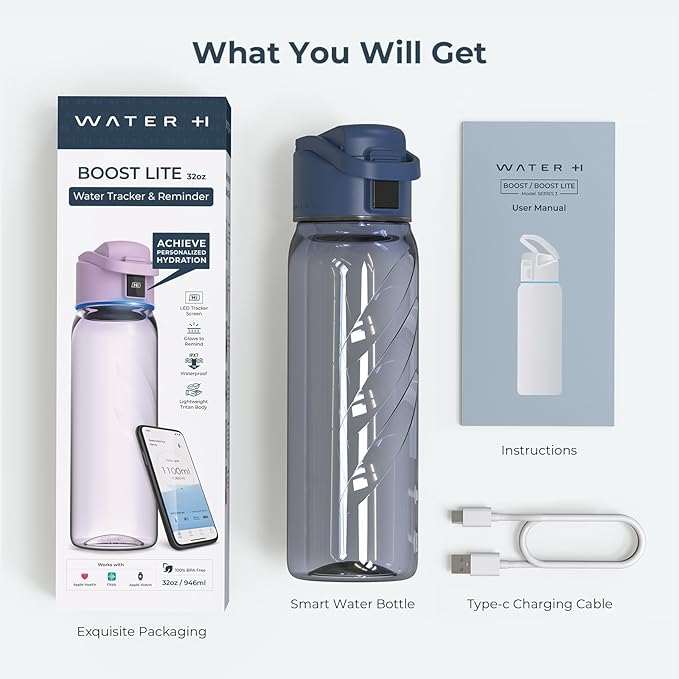 BOOST LITE Smart Water Bottle with Reminder to Drink Water, Motivate & Tracking Hydration Water Bottle with App, 32 oz Tritan BPA-Free Plastic Water Bottles for Gym, School, Office - Blue