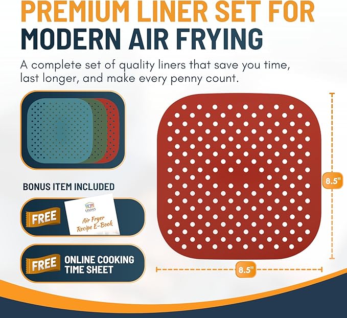 Reusable Square Silicone Air Fryer Liners (8.5 Inch, 3 Pack) by Linda’s Essentials - Non-Stick, Easy-Clean Accessories with Cheat Sheet & Recipe Book, Perfect for Quick Meals