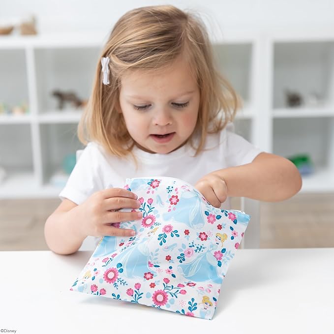 Bumkins Disney Reusable Sandwich and Snack Bags, for Kids School Lunch and for Adults Portion, Washable Fabric, Waterproof Cloth Zip Bag, Travel Pouch, Food-Safe, Large, Princess