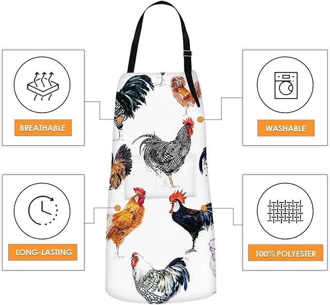 Britimes Apron Home Kitchen Cooking Baking Gardening for Women Men With Pockets Farm Bird Rooster Chicken Animal Funny 32x28 inch