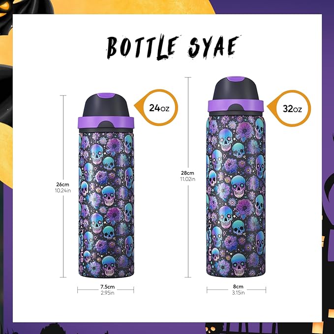 Halloween Insulated Water Bottle with Straw - Stainless Steel Water Bottle with Push Button Lid, Leak-Proof BPA-Free, Keeps Cold for 24 Hours for Halloween gifts, Party (24 oz, Floral Afterlife)