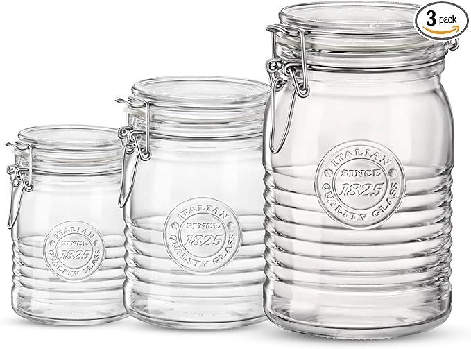 Bormioli Rocco Officina 1825, Set of 3 - Clear Glass Jars with Swing Top - Vintage Industrial Style Airtight Containers for Dry Food Storage, 33.75 Oz, 25.25 Oz, 17 Oz - Dishwasher Safe, Made in Italy