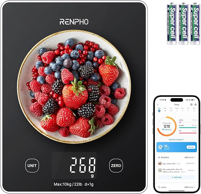 RENPHO Digital Kitchen Scale, Smart Food Weight Scale with Nutritional Calculator, Gram Scale for Weight Loss Cooking Baking Keto Macro Diet, Black Glass, 22lb/10kg