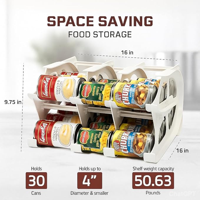 FIFO Countertop Mini Can Tracker Holds 30 Standard 10-24 Oz Can Sizes, White| Stackable & Adjustable Can Organizer for Pantry, USA Made, White