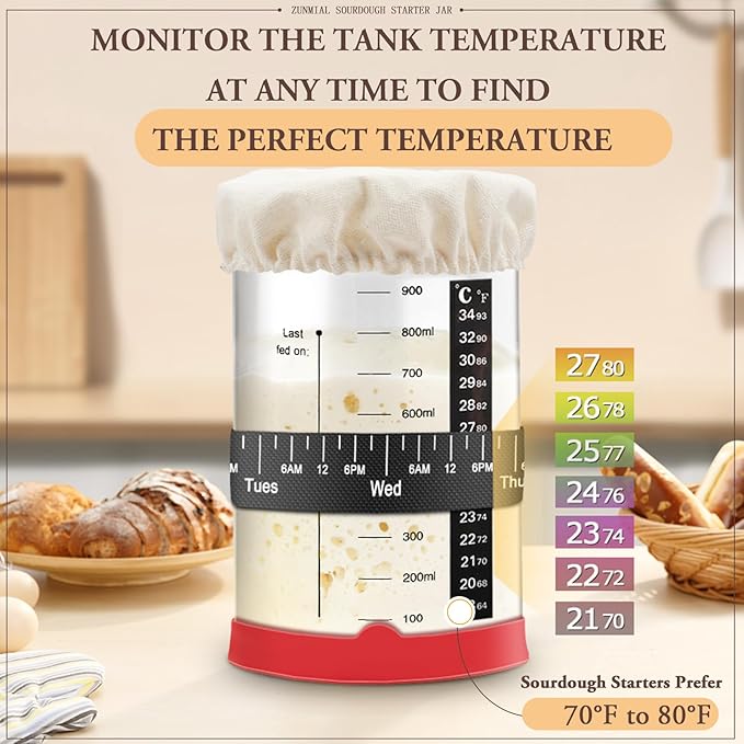 Sourdough Starter Jar, 35OZ Glass Sourdough Jars Wide Mouth With Red Silicone Cap, Sourdough Starter Kit with Date Marked Feeding Band, Thermometer, Cloth Cover