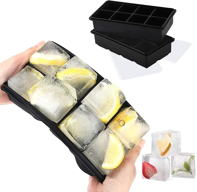 LessMo Ice Cube Tray with Lid - 2 Pack Large Silicone Ice Tray Molds for Freezer, BPA Free, Big Square Ice Cube for Whiskey, Cocktails, Baby Food, Juices