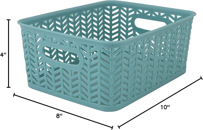 Simplify 3 Pack Small Herringbone Storage Basket, Dimensions: 10"x8"x4", Herringbone Design, Light Weight, Great for Bathroom, Kitchen, Office, Closet, 2 Open Handles, Dusty Blue