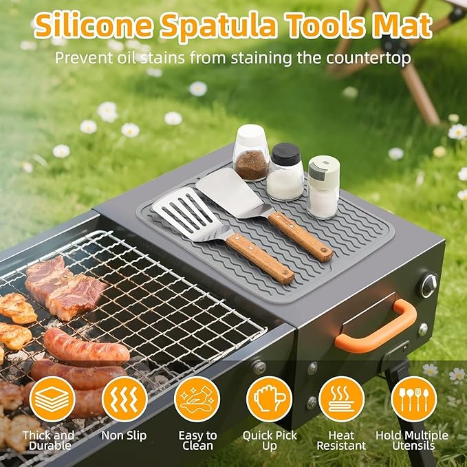 Blackstone Griddle Accessories Silicone Grill Side Shelf Tool Mat, Outdoor BBQ Spatula Mat, with Drip Pad Kitchen Countertop Heat Resistant Mat (Grey)