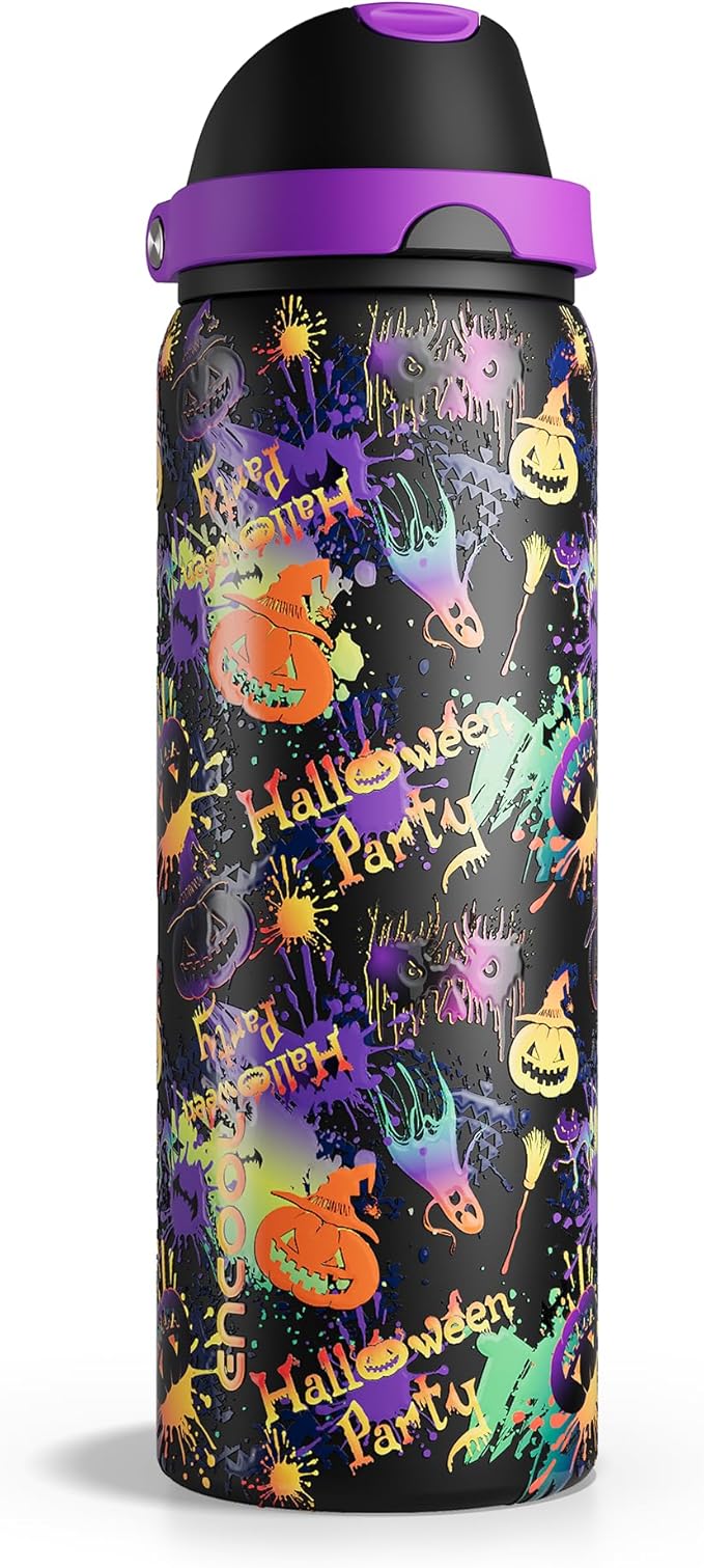 Halloween Insulated Water Bottle with Straw - Stainless Steel Water Bottle with Push Button Lid, Leak-Proof BPA-Free, Keeps Cold for 24 Hours for Halloween gifts, Party (32 oz, Ghost Party)