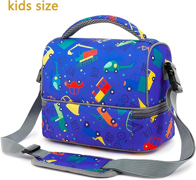 FlowFly Kids Double Decker Cooler Insulated Lunch Bag Large Tote for Boys, Girls, Men, Women, With Adjustable Strap, Car
