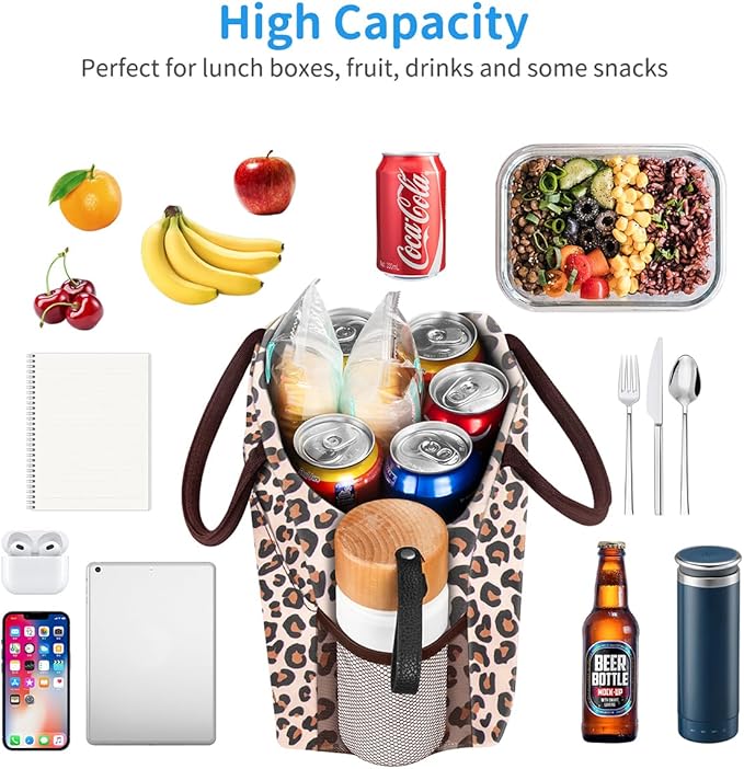 DALINDA Lunch Bag Women,Lunch Box Adult for Women Men Reusable Insulated Lunch Tote Bag,Leakproof Food Handbags Case High Capacity for Travel Work Picnic Beach,Leopard