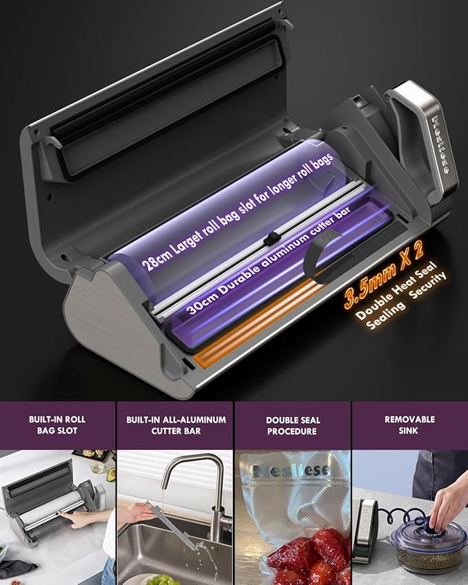 Mesliese Vacuum Sealer Machine, 95kPa 140W One Hand Operation Food Sealer, Double Seal Strip with Build-in Cutter & Countdown Display, 2 Bag Rolls, 5PCS Pre-cut Bags