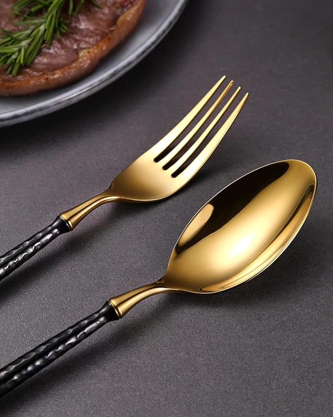 Lemeya 20-Piece Hammered Black Gold Silverware Set,18/10 Stainless Steel Forging Heavy Duty Cutlery Set for 4, Luxury Unique Flatware Set,Spoons and Forks Set,Mirror Polished,Dishwasher Safe