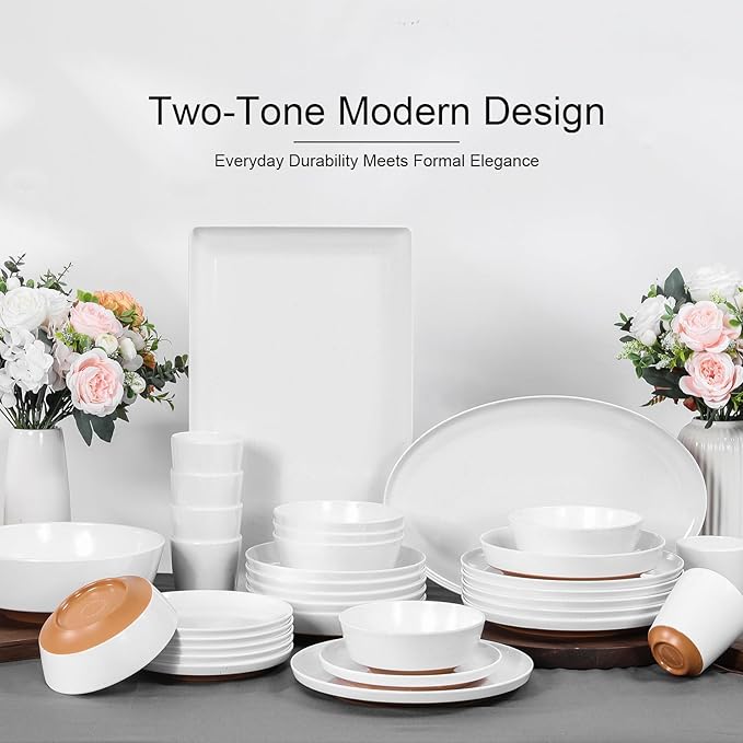 Webbylee 6-inch Melamine Bowls set of 6-20-ounce Dinnerware Cereal Bowls for Soup, Salad & Dessert | Dishwasher Safe & Space Saving (White/Brown)