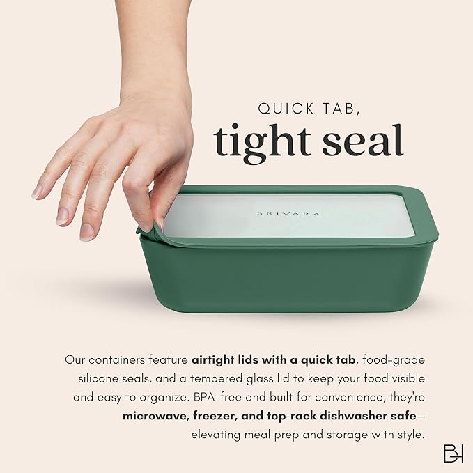 Ceramic Coated Glass Food Storage Container | No PTFE, PFOA, PFAS, and BPA | Reusable Non Toxic Meal Prep Container with Glass Lid | Easy To Store | 5 Cup Square [Pine]