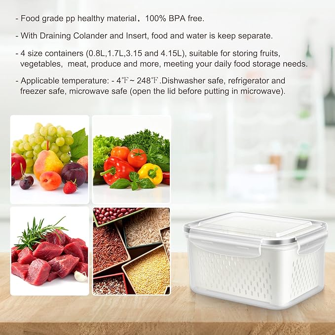 4 Pack Fruit Storage Container for Fridge, Plastic Fruit Containers for Fridge with Removable Colander, Container for Fruit Berry Salad Lettuce, BPA Free Kitchen Refrigerator Organizers
