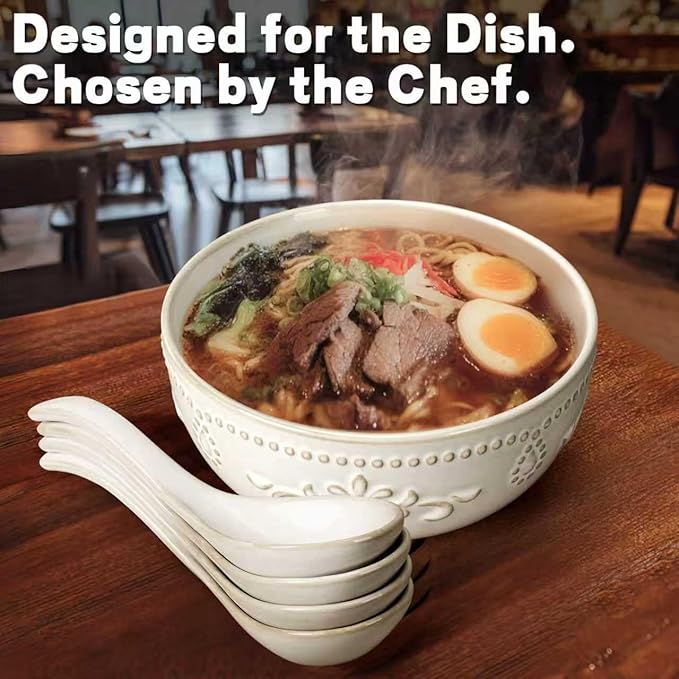Artena Soup Bowls 32 OZ, Cereal Bowls Set of 4, Embossment Ceramic Ramen Bowl, 6.3 Inch White Salad Bowls, Large Dinner Bowl for Pho, Noodle, Pasta, Snack, Dishwasher Microwave Safe, Multiple Patterns