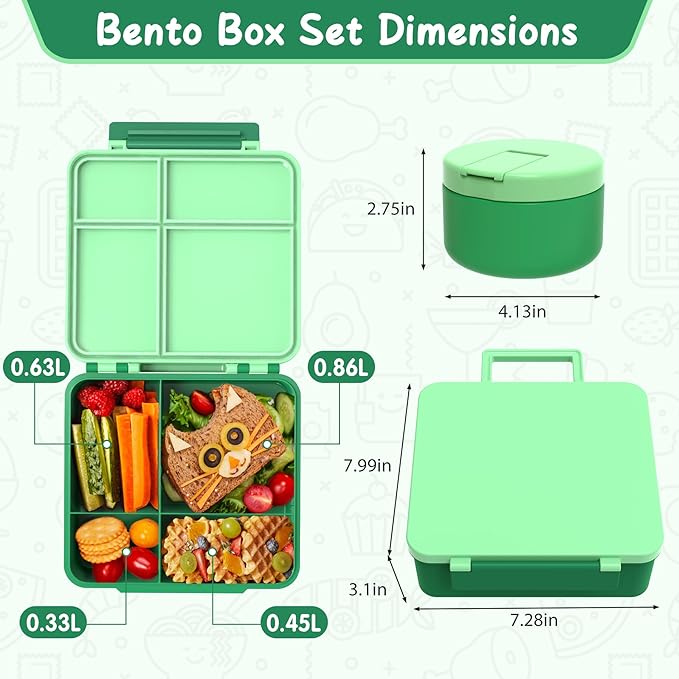 Bento Lunch Box with 8oz Soup Thermo, Leak-Proof Lunch Containers with 4 Compartment, Thermo Hot Food Jar and Insulated Lunch Box for School Green