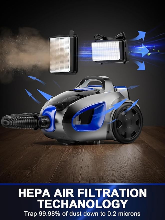 Canister Vacuum Cleaner, 32Kpa 1600W Bagless Vacuum Cleaner, Dust Full Indicator, H13 HEPA Filter, 3.7Qt Large Capacity, Lightweight Vac for Hard Floors, Carpet, Pet, Upholstery, Blue