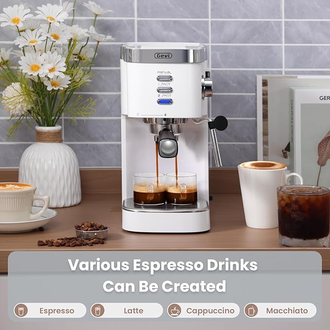 Gevi Professional Espresso Machine 20 Bar, Compact Latte & Cappuccino Machine with Milk Frother Steam Wand, Adjustable Shot Volume, White (Ideal Gift Choice)
